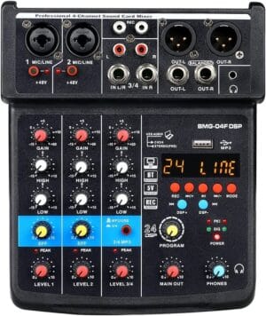 MIX01A - Mixer de 4 canales - Bluetooth - USB - Plug & Play - MP3 - Interface salida monitor - 16 Efectos DSP - 48v - MIX01A