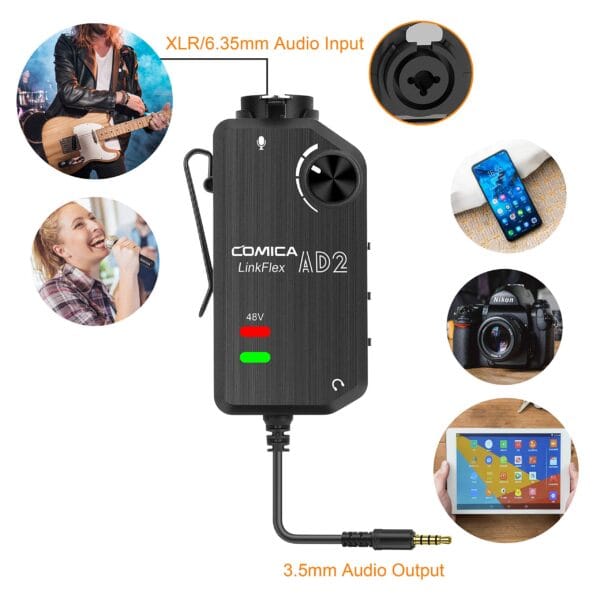 MIX100 - Pre-amplificador COMICA, Interfaz XLR para Celular / PC / Camara AD2 XLR / 6,35mm