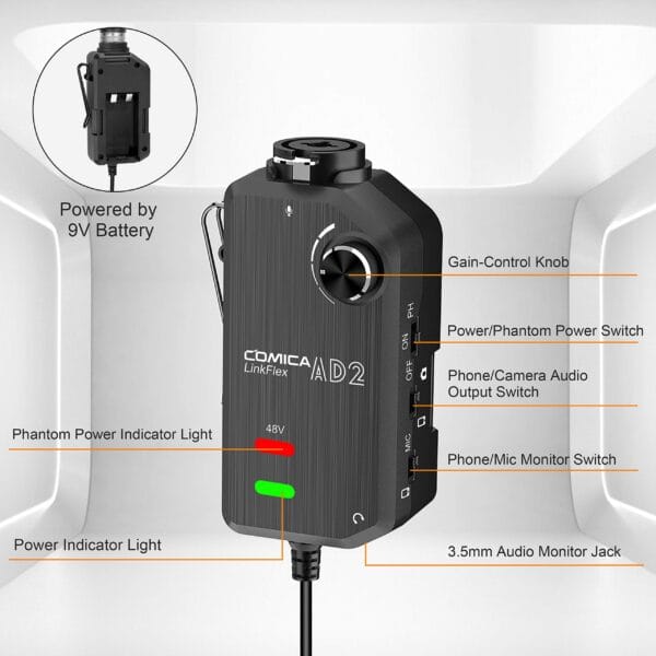 MIX100 - Pre-amplificador COMICA, Interfaz XLR para Celular / PC / Camara AD2 XLR / 6,35mm