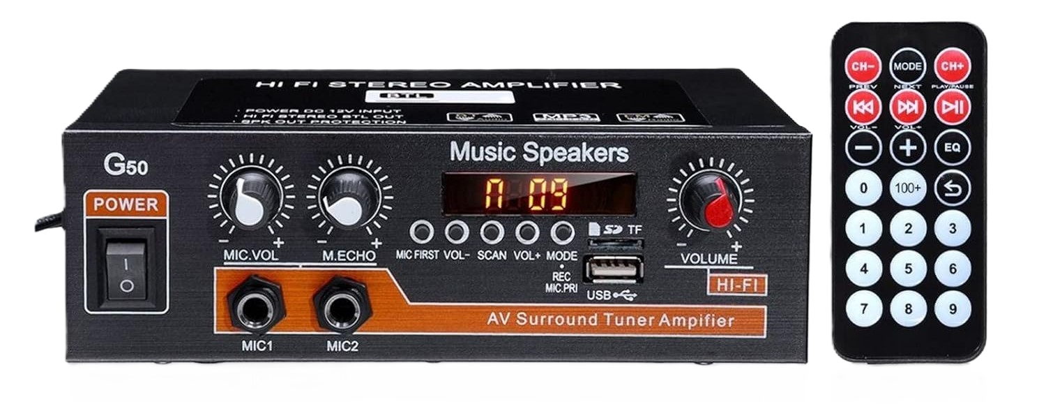 AMP1002 – Amplificador de audio 2.0, USB, TF, RCA, FM radio, bluetooth, mic, control 120w