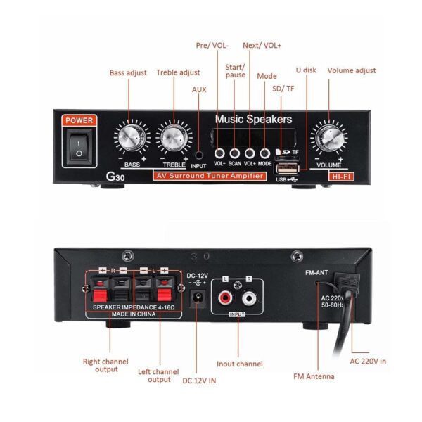 AMP1002 - Amplificador de audio 2.0, USB, TF, RCA, FM radio, bluetooth, mic, control 120w