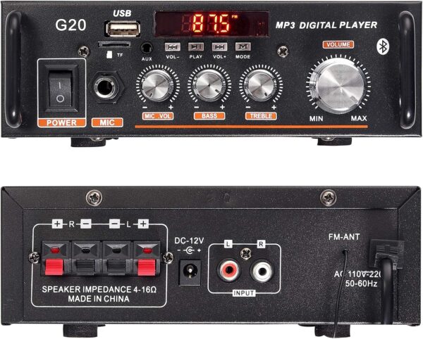 AMP1004 - Amplificador de audio 2.0, USB, TF, RCA, FM radio, bluetooth, mic, control 30W