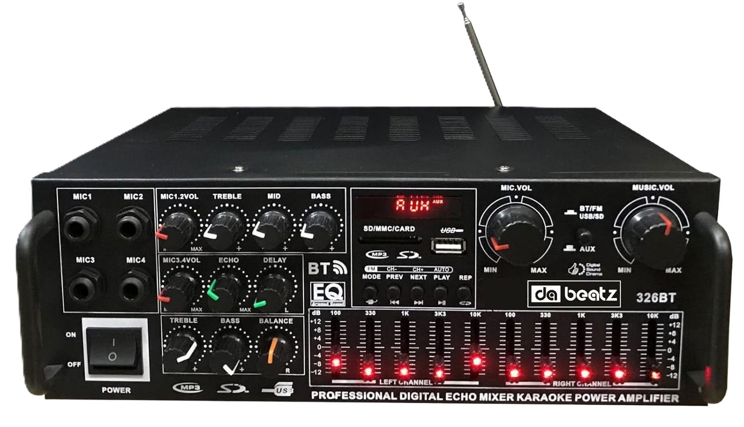 AMP1005 – Amplificador de audio 4 salidas, USB, TF, RCA, FM radio, bluetooth, mic  800w