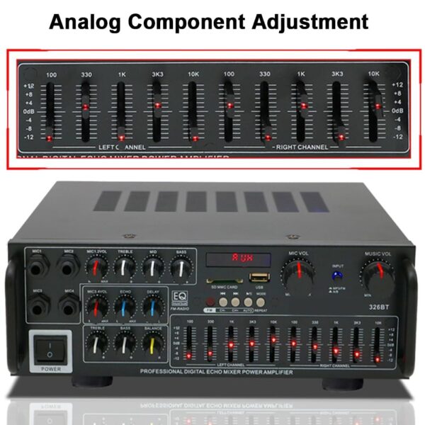 AMP1005 - Amplificador de audio 4 salidas, USB, TF, RCA, FM radio, bluetooth, mic  800w