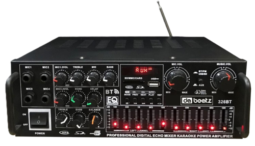AMP1005 - Amplificador de audio 4 salidas, USB, TF, RCA, FM radio, bluetooth, mic  800w
