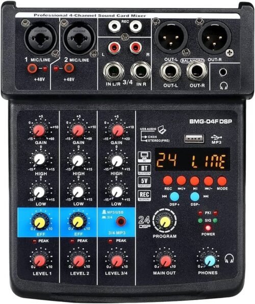 MIX01A - Mixer de 4 canales - Bluetooth - USB - Plug & Play - MP3 - Interface salida monitor - 16 Efectos DSP - 48v - MIX01A