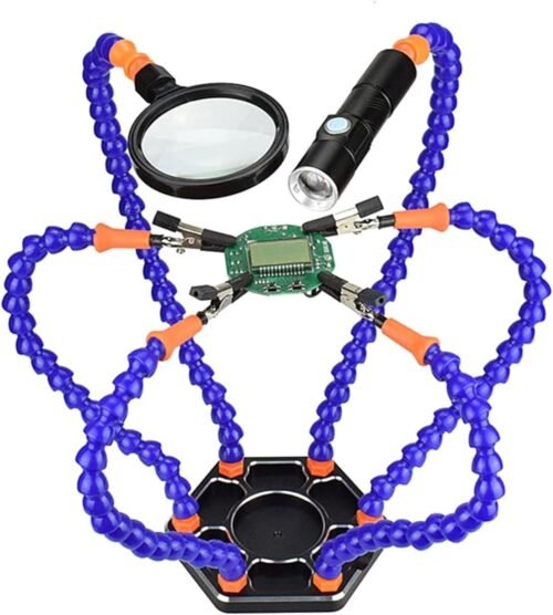 TM06B - Tercera mano seis brazos flexibles con Lupa y Luz